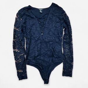 Forever 21 Black Sheer Lace Floral Long sleeve Bodysuit size Small Whimsigoth
